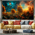 Sunflower tapestry shown above bed with orange teal and deep blue fantasy sky