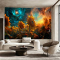Large celestial floral wall mural with golden sunflowers and nebula background