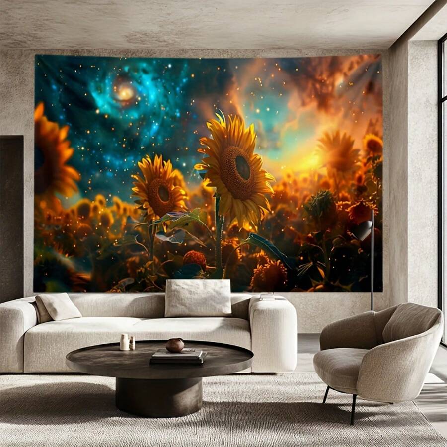 Large celestial floral wall mural with golden sunflowers and nebula background