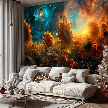 Colorful sunflower tapestry with glowing sunset stars and cosmic teal sky
