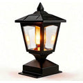 Black garden fence pillar lantern with clear faceted panels and solar roof.