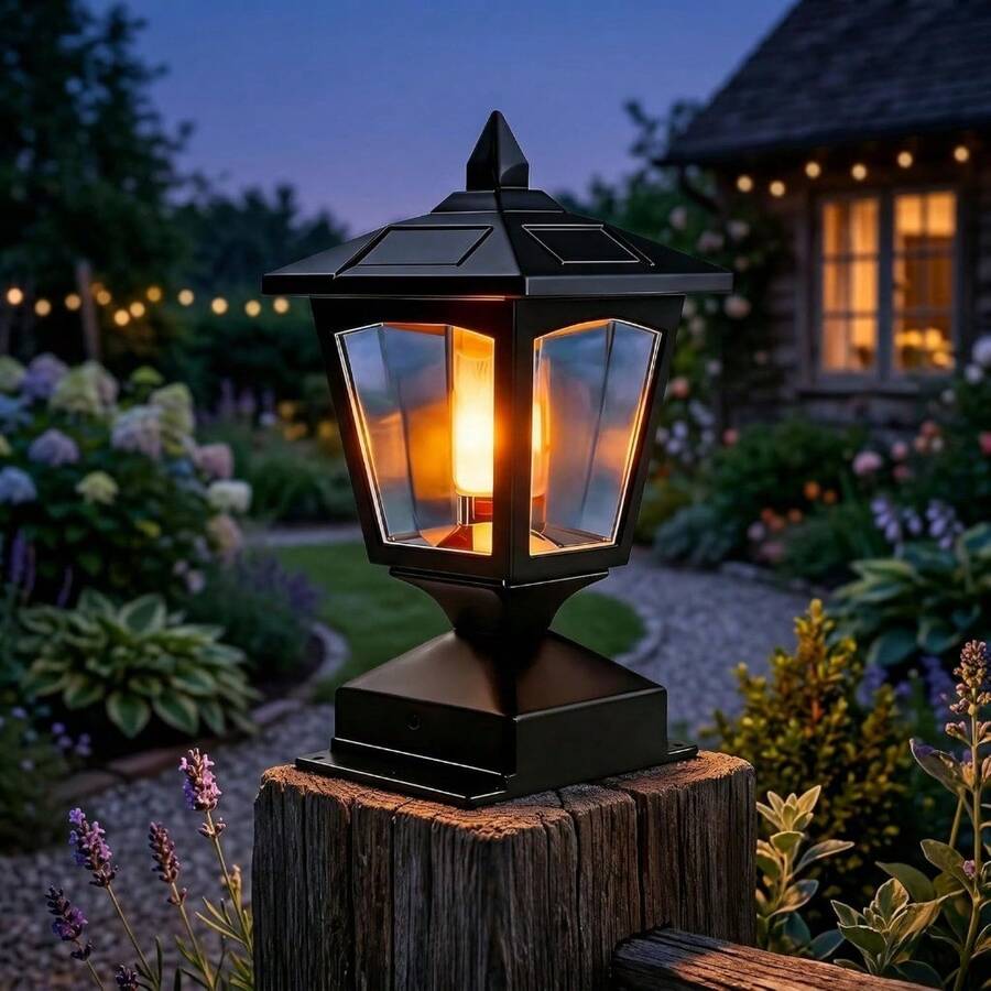 Weather exposed solar post cap light mounted on wood in rain.
