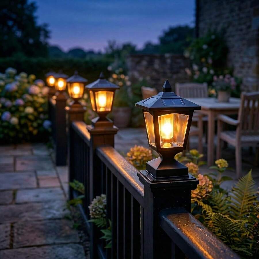 Classic black coach-style post cap light glowing on railing at dusk.
