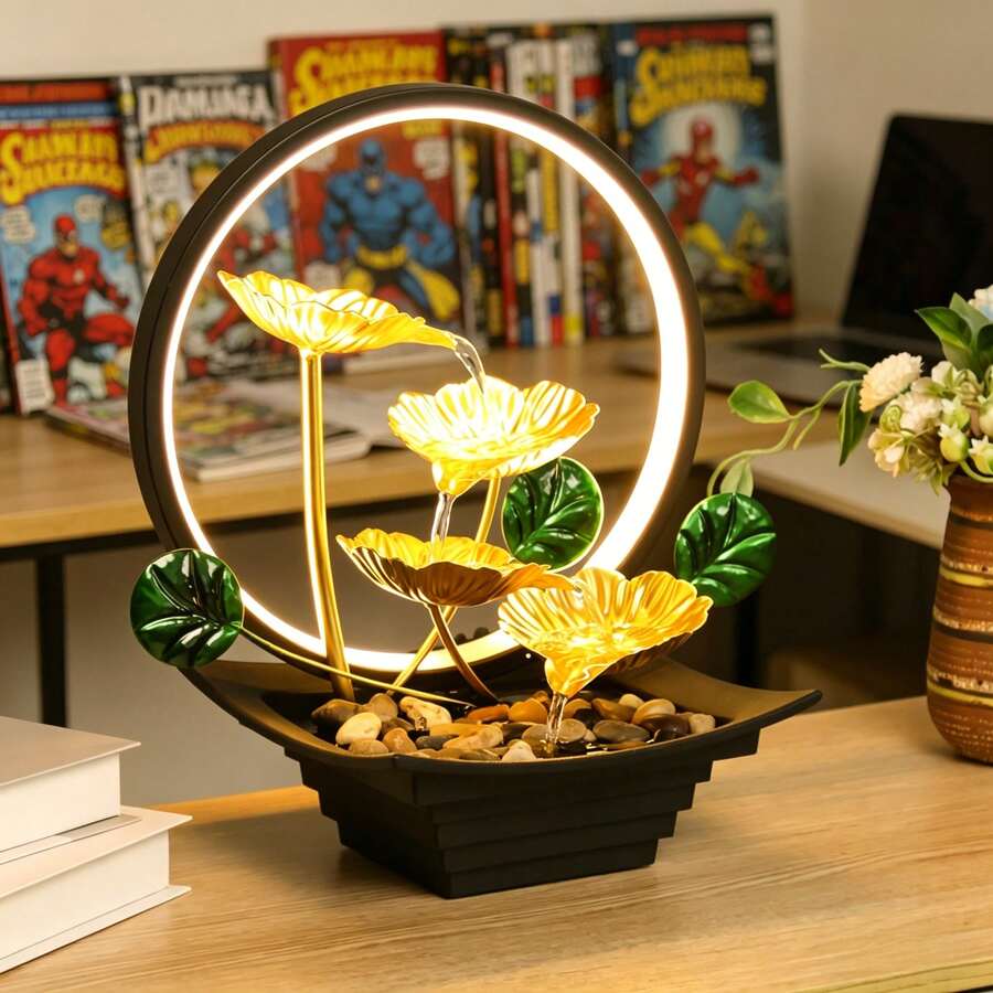 Close-up of glowing gold lotus bowls with running water.