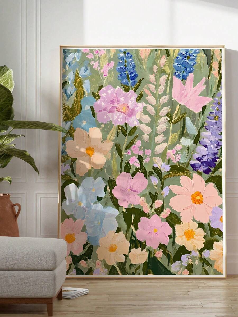 Wildflower wall art floor leaning hero shot with pastel blooms on sage green background