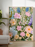 Floral print living room mockup with colorful flowers light frame and Nordic decor style