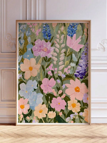 Wildflower wall art floor leaning hero shot with pastel blooms on sage green background