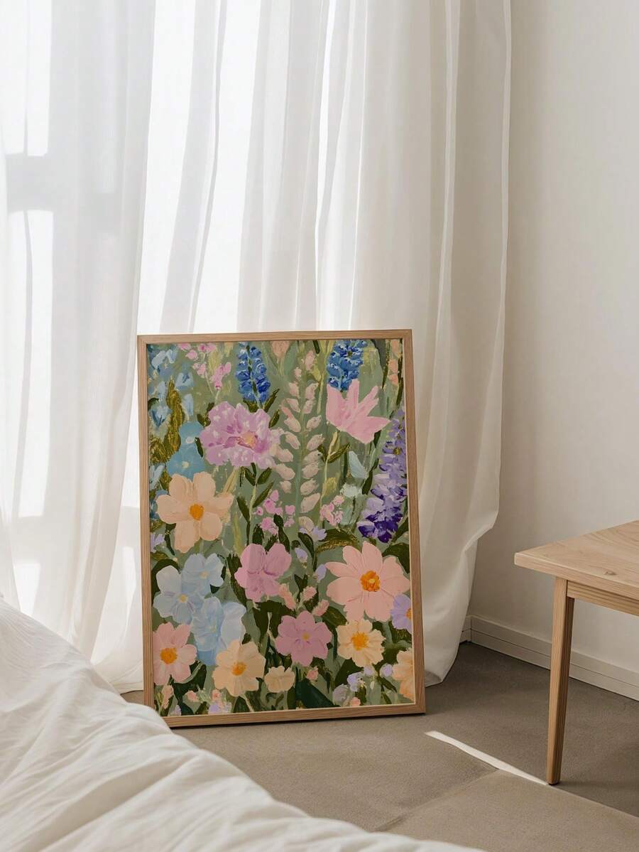 Summer wall decor bedroom floor display with painterly wildflowers and soft pastel colors