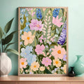 Summer floral wall art console display with lavender peach blue and yellow flowers