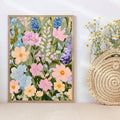 Pastel flower art shelf decor lifestyle scene with dense floral painting and light frame