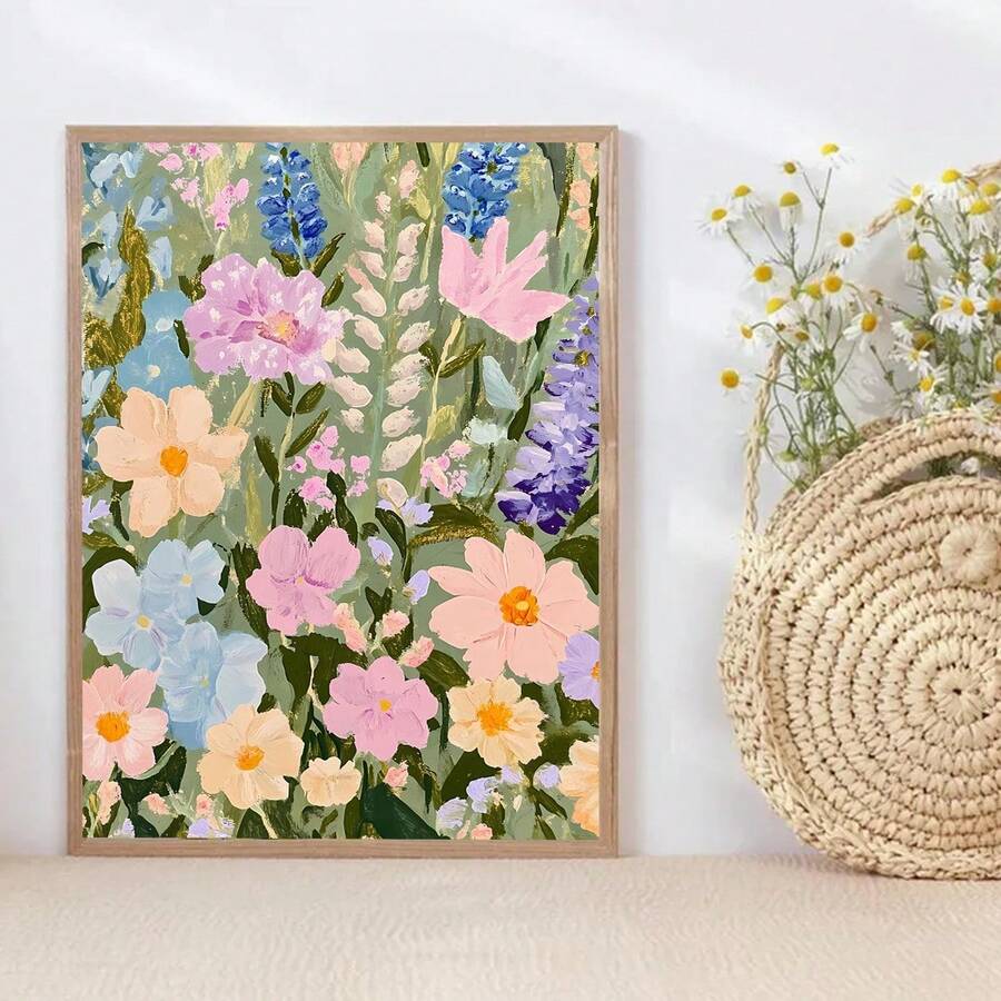 Pastel flower art shelf decor lifestyle scene with dense floral painting and light frame