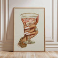Close frontal view of pink rose martini artwork with manicured hand, rings, and gold bracelet