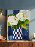 Blue vase flower print in painterly oil style