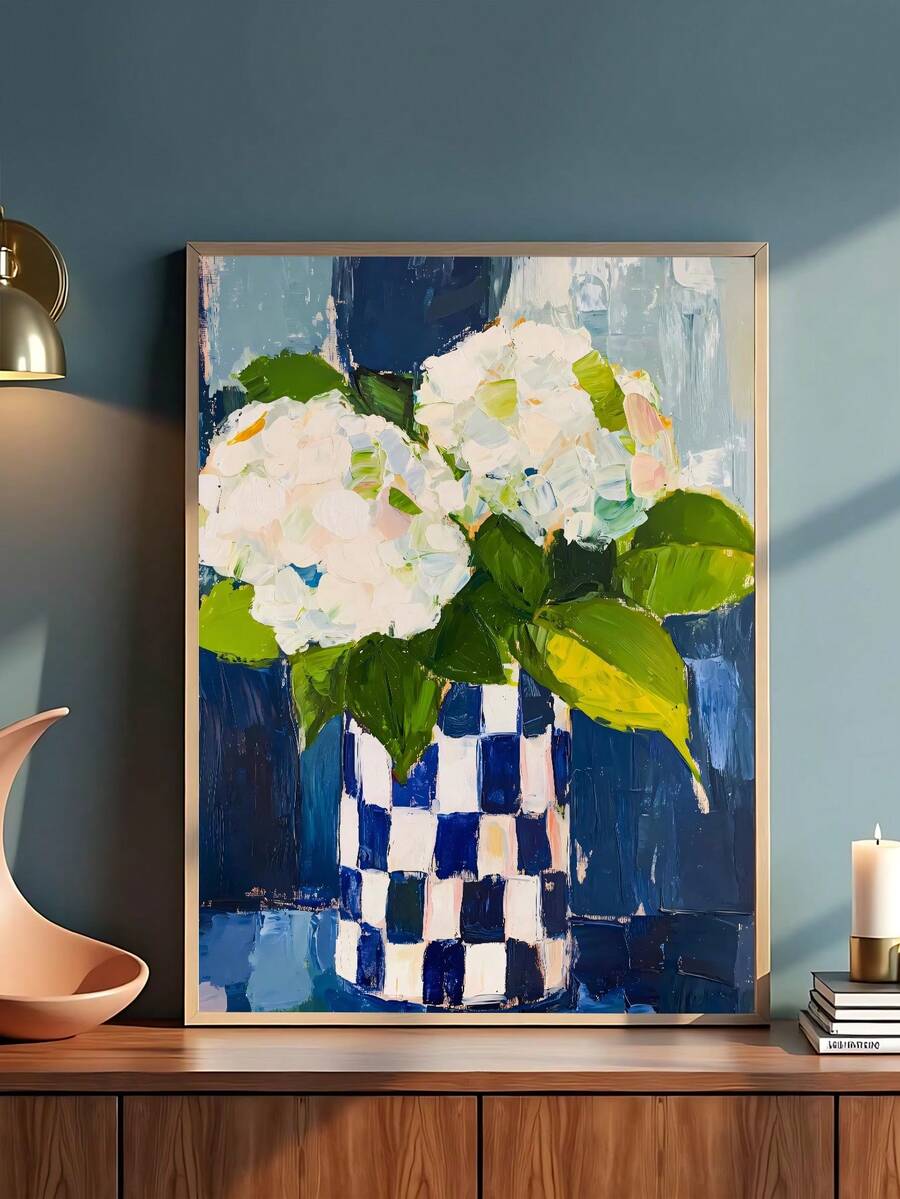 Blue vase flower print in painterly oil style