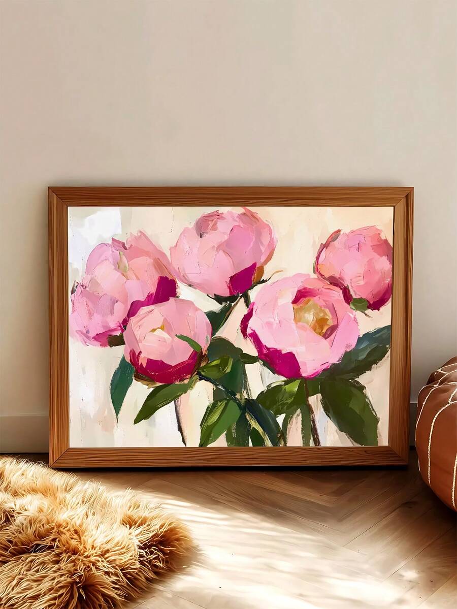 Modern floral wall art shown in bright living room