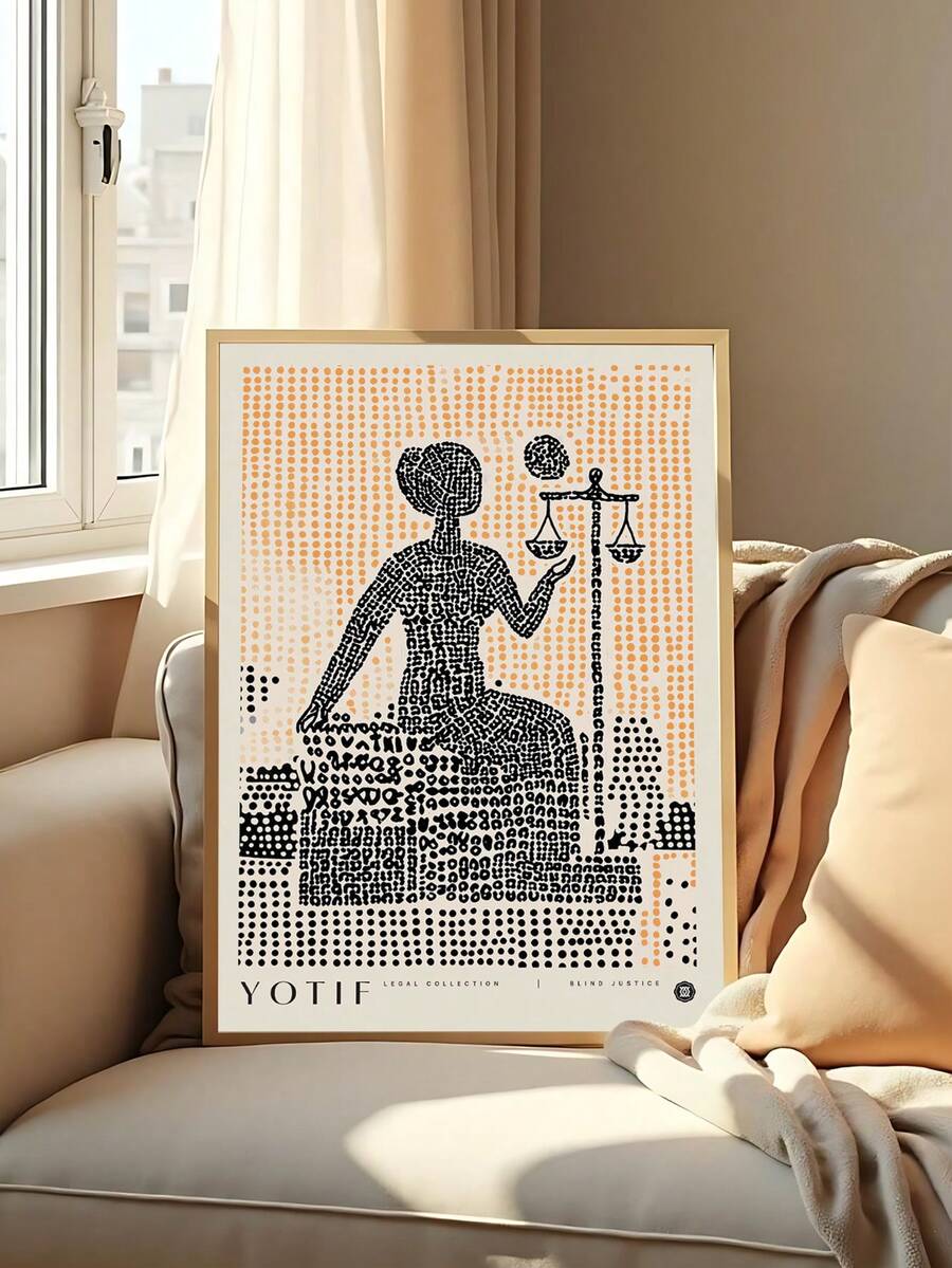 Lady Justice wall art with scales and blind justice text