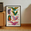 Colorful bird poster with heron like cranes in bold Scandinavian graphic composition