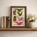 Bird wall art framed print with folk art birds and mid century modern boho style
