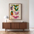 Heron print displayed as framed poster with whimsical animal art and gallery wall style