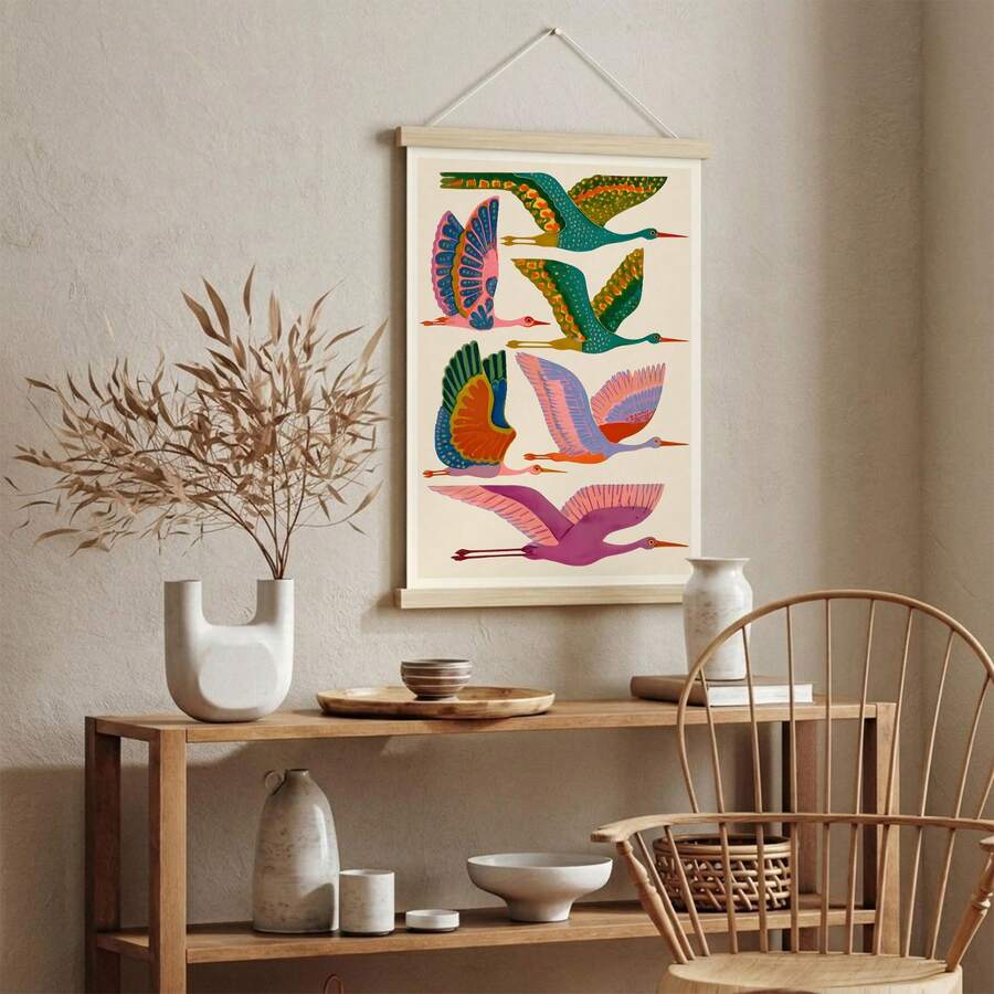 Folk art birds canvas option with wood hanger frame and bright nature decor