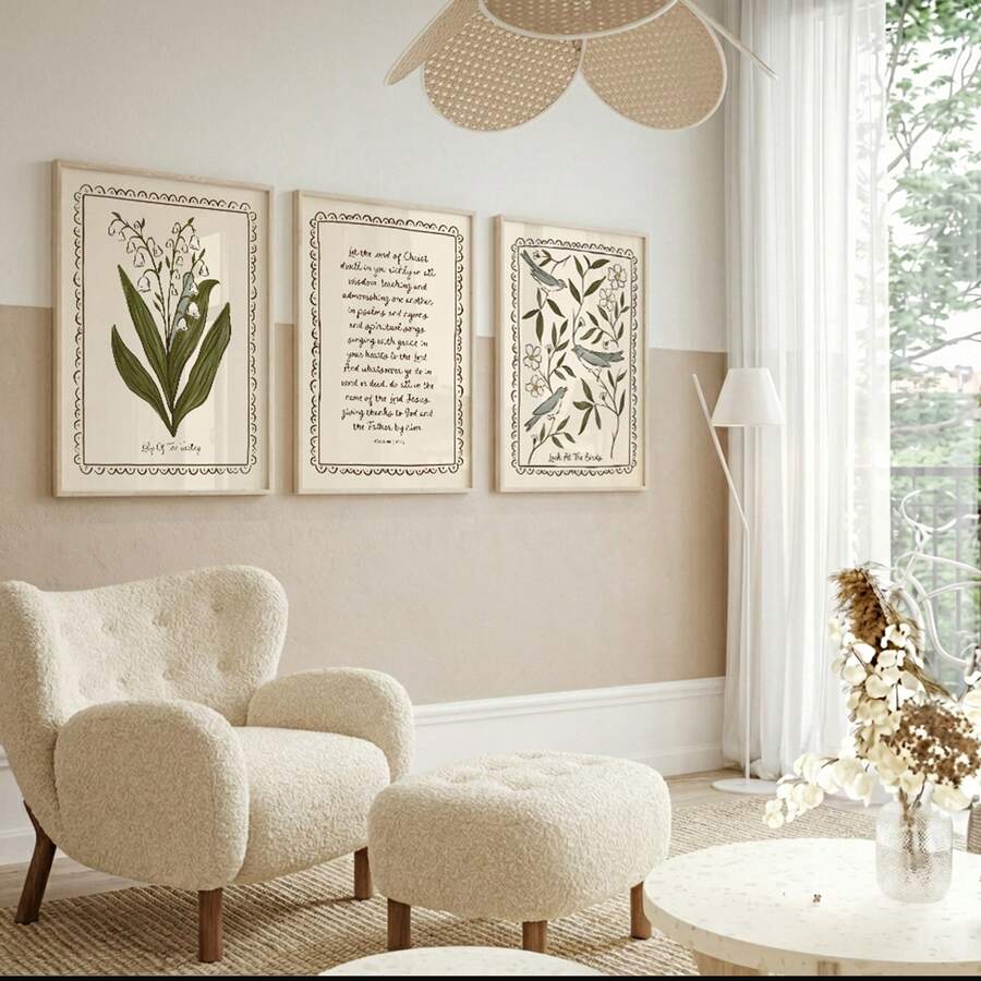 Front view 1 of 3pcs Vintage Lily Of The Valley & Birds Canvas Print, Folk Bird Scripture Wall Art, Farmhouse Floral Gifts from Jose Collections