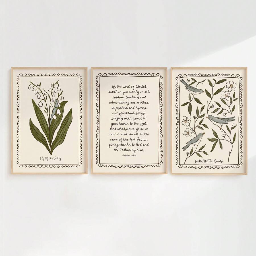 Front view 1 of 3pcs Vintage Lily Of The Valley & Birds Canvas Print, Folk Bird Scripture Wall Art, Farmhouse Floral Gifts from Jose Collections