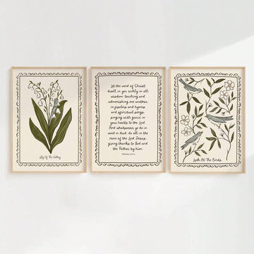 Front view 1 of 3pcs Vintage Lily Of The Valley & Birds Canvas Print, Folk Bird Scripture Wall Art, Farmhouse Floral Gifts from Jose Collections