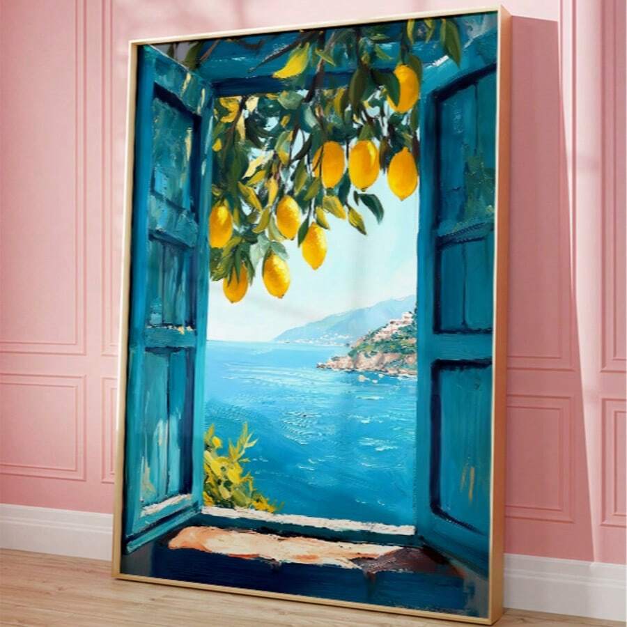 Framed Mediterranean lemon window coastal sea wall art leaning in modern room