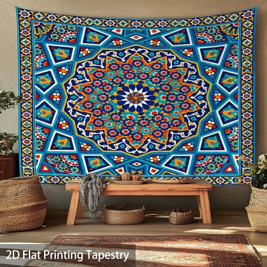 Colorful Moroccan mandala tapestry with blue red orange and yellow mosaic pattern