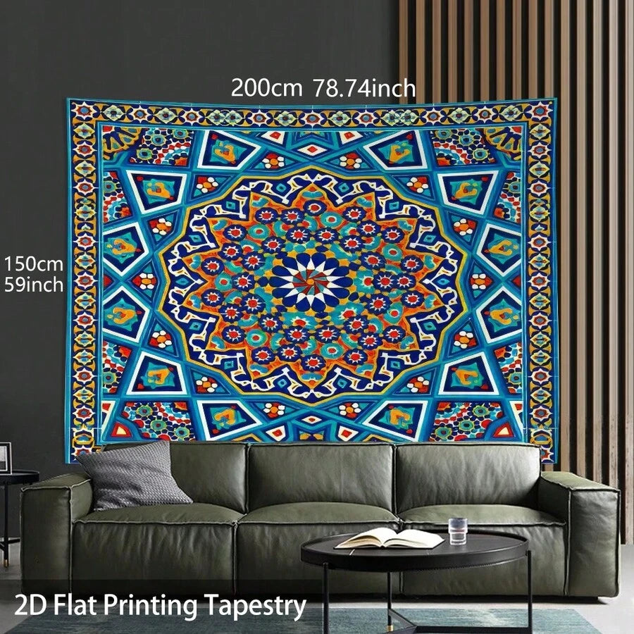 Colorful Moroccan mandala tapestry with blue red orange and yellow mosaic pattern