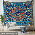 Close view of blue geometric mandala tapestry with floral medallion design