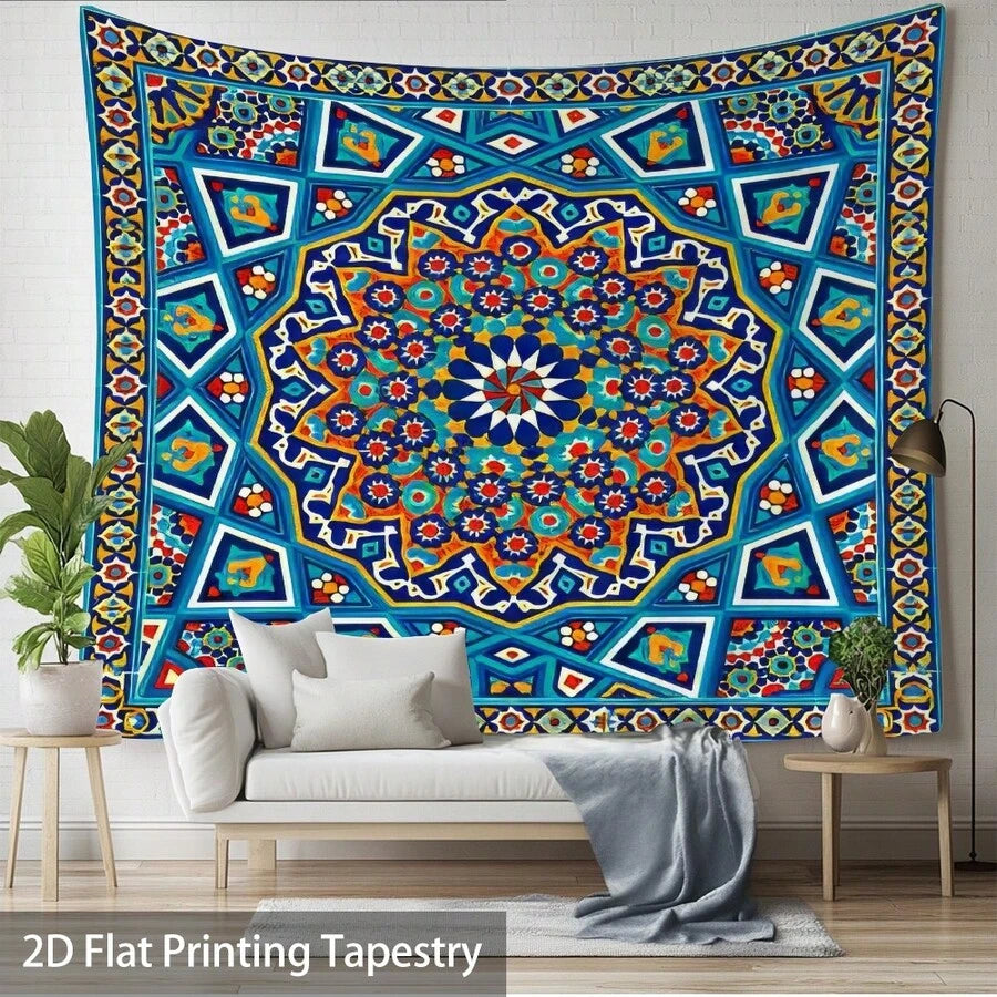 Close view of blue geometric mandala tapestry with floral medallion design