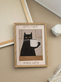 Coffee First People Later black cat poster in a warm home interior