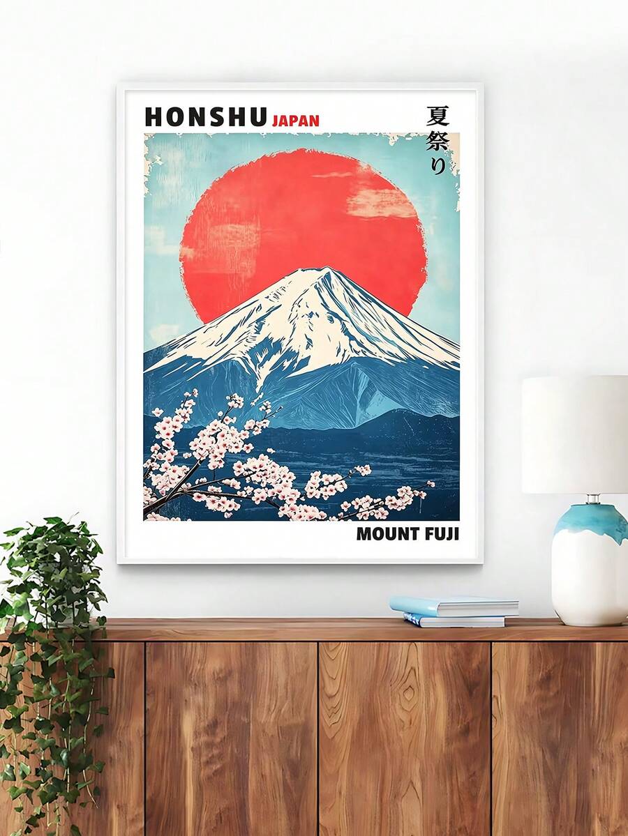 Cherry Blossom Shop and Mount Fuji Japanese Canvas poster with modern Honshu inspired scenery. Perfect for Japandi homes, bedrooms, offices, and serene decor.