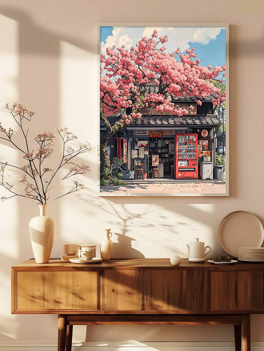Cherry Blossom Shop & Mount Fuji Modern Honshu Japanese Canvas Poster