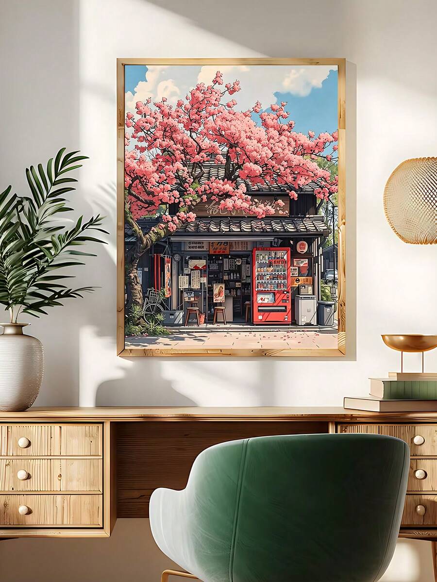 Cherry Blossom Shop and Mount Fuji Japanese Canvas poster with modern Honshu inspired scenery. Perfect for Japandi homes, bedrooms, offices, and serene decor.