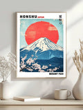 Cherry Blossom Shop and Mount Fuji Japanese Canvas poster with modern Honshu inspired scenery. Perfect for Japandi homes, bedrooms, offices, and serene decor.