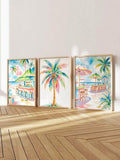 Summer coastal wall art with palm trees and beach scenes