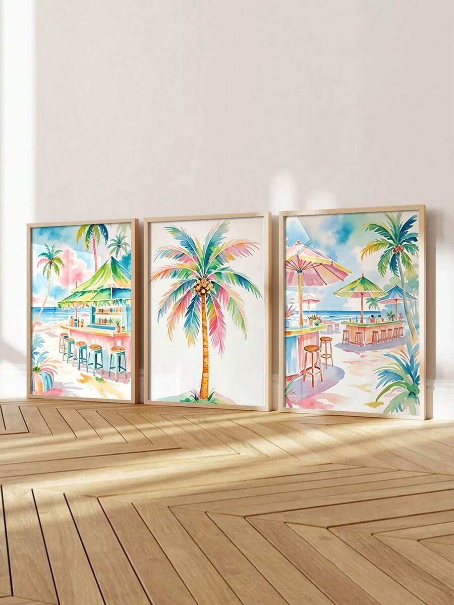 3pcs Watercolor Summer Beach & Palm Trees Canvas Poster Set 