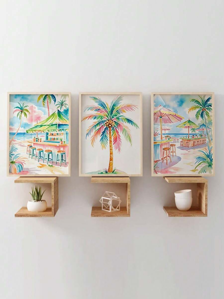 3pcs Watercolor Summer Beach & Palm Trees Canvas Poster Set 