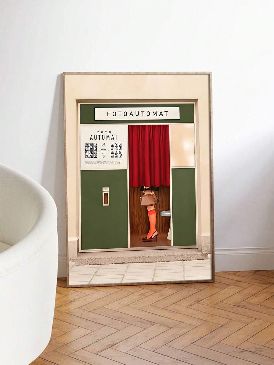 Retro FOTOAUTOMAT fashion poster leaning near a lounge chair and herringbone floor