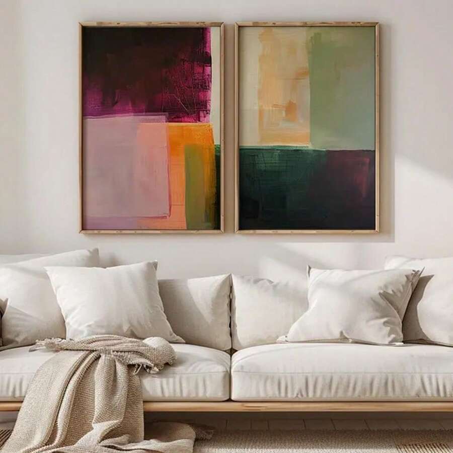 2pcs Modern Geometric Color Block Burgundy Sage Orange Canvas Poster Set 