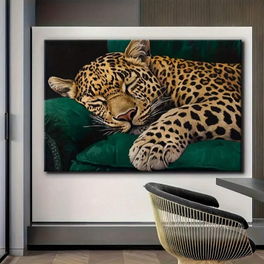Realistic leopard animal portrait print with gold fur and black spots on green sofa