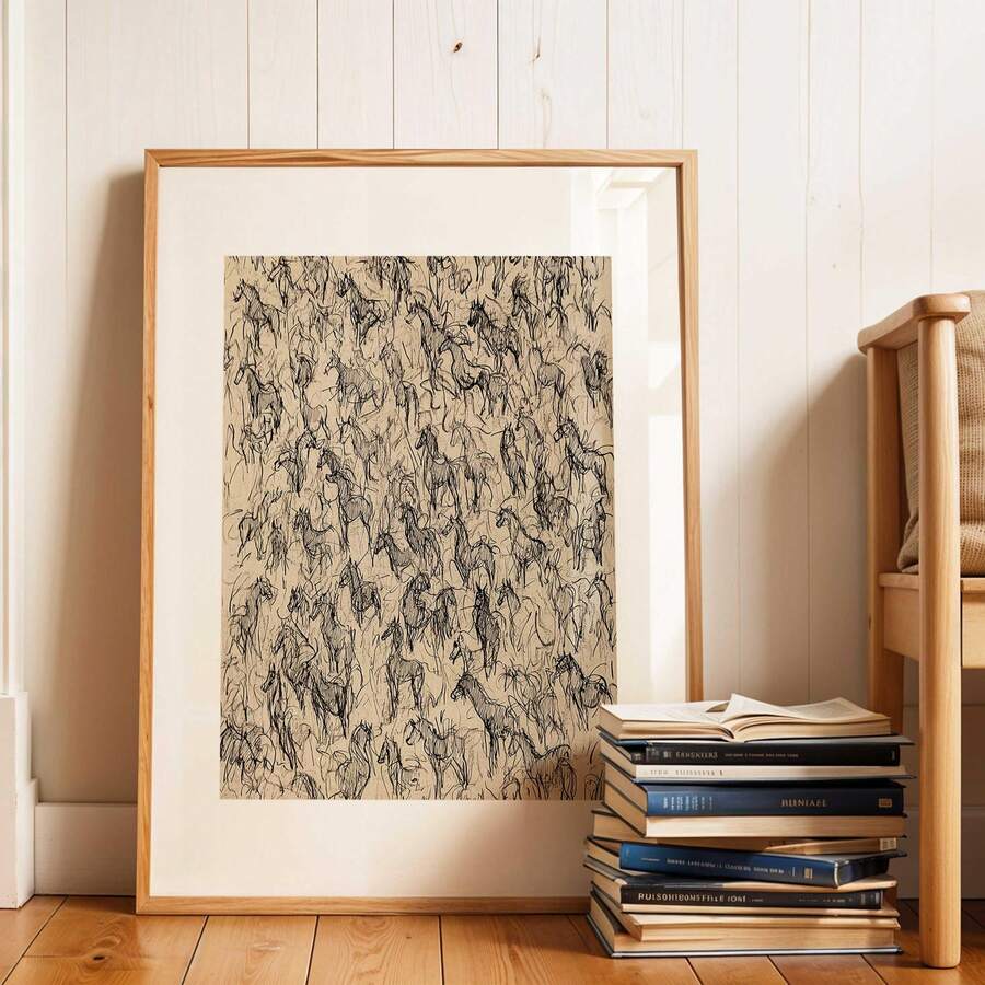 Horse sketch print shown with white mat border