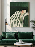 Cozy reading nook art with painterly woman on chaise and soft green palette