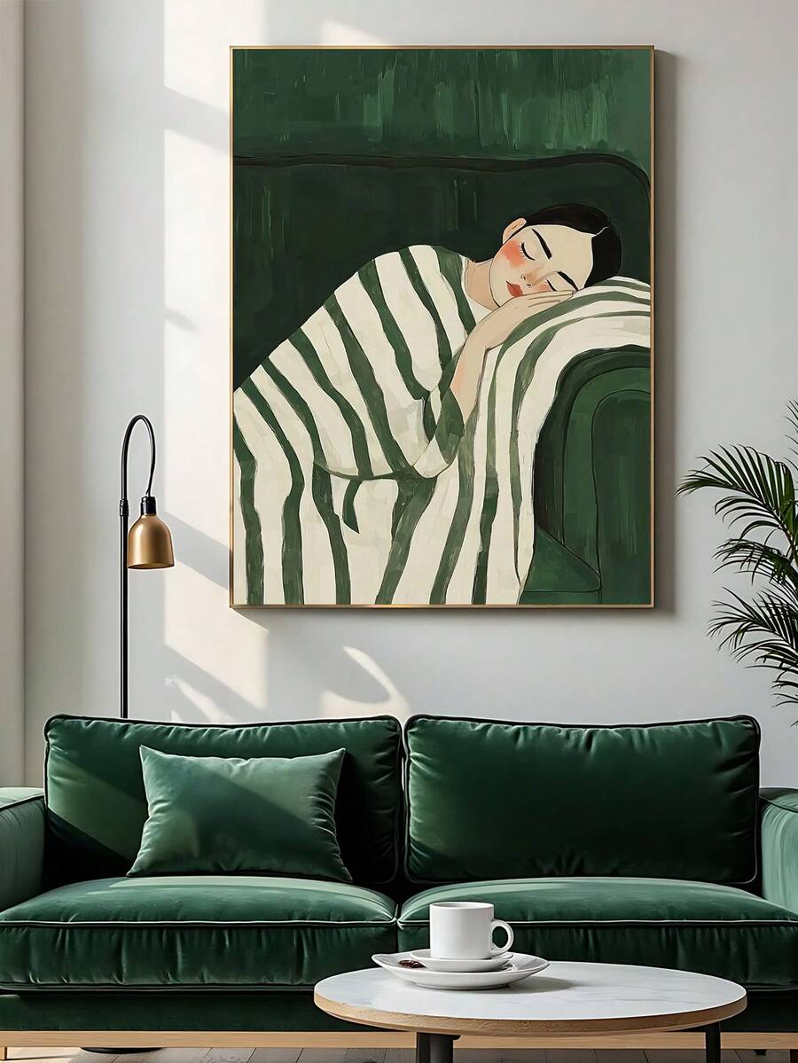Cozy reading nook art with painterly woman on chaise and soft green palette