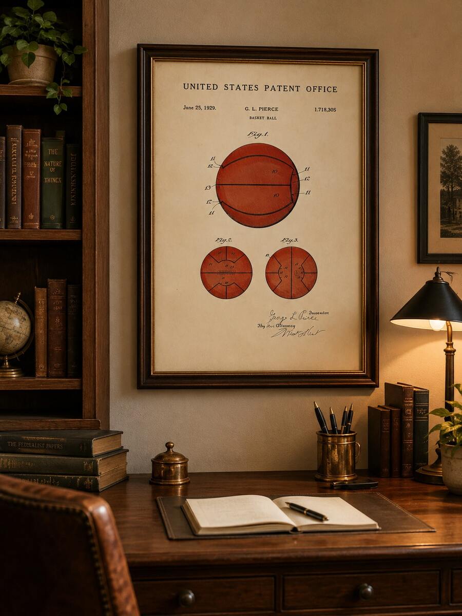 Basketball wall art above leather sofa with vintage patent diagrams and warm frame