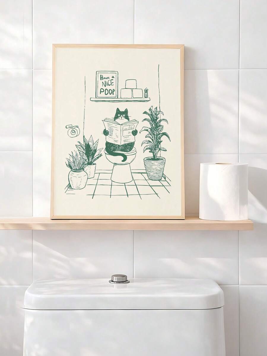 Toilet humor poster with cat reading on toilet and Have a nice poop quote on shelf