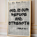 Bible verse wall art with bold black lettering over vintage newspaper background