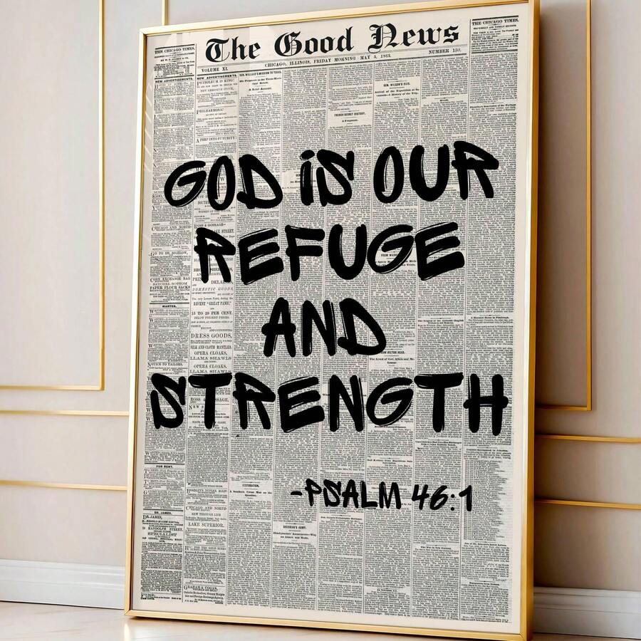Bible verse wall art with bold black lettering over vintage newspaper background